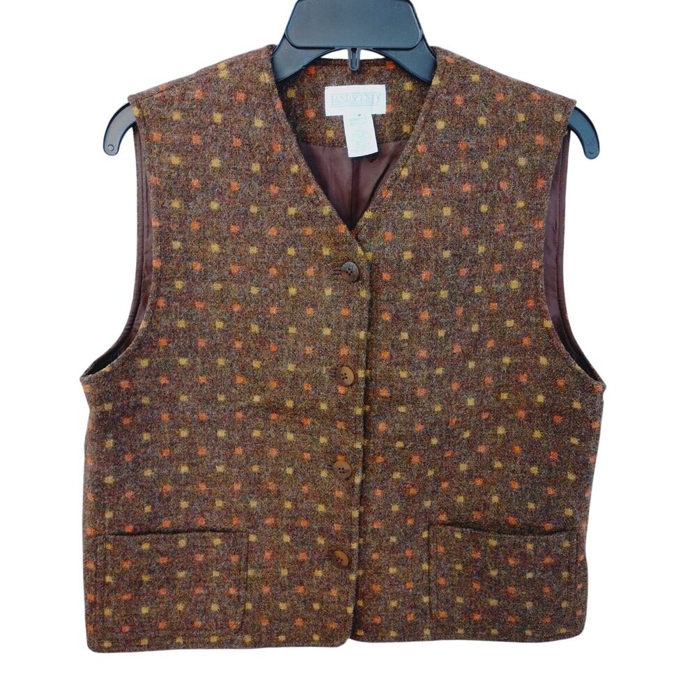 Lands' End Vintage Wool Autumnal Brown Polka Dot Button-Up Vest Women's 10